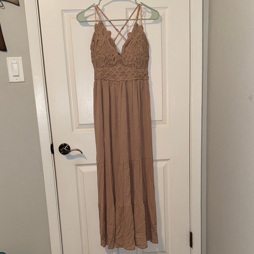 Elegant Peach Beige Lace Maxi Dress
